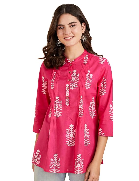 Amazon Brand - Myx Women's Cotton Printed A-line Short Kurti | Available in Plus Size